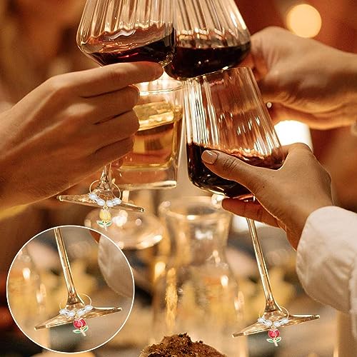SUNNYCLUE 12 Sets Wine Glass Charms Drink Identifiers Enamel Spring Floral Tulip Flower Charms Imitation Pearl Beading Hoops Wine Glass Identication Rings for Party Favor - style: 12 Sets Golden Tone Tulip Flowers Drink Identifiers & Upgraded Gift Box