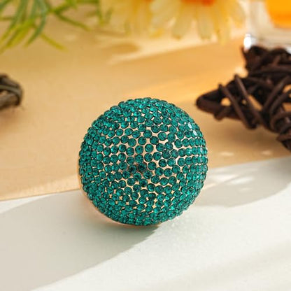 Gold Snowball Rhinestone Cocktail Ring – Adjustable Stretch Sparkling Party Jewelry for Women, Elegant Costume Ring for Evening Wear, Wedding, Prom - color: green