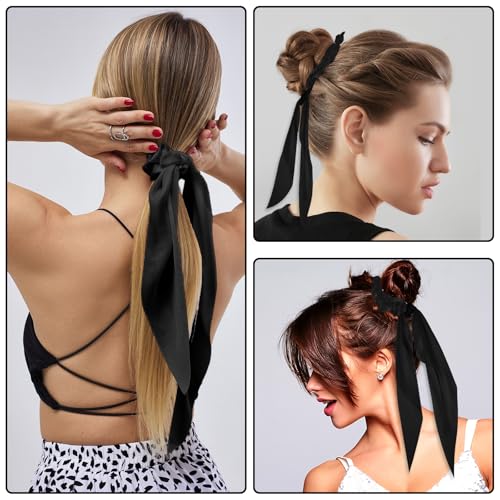 Mabor 2 Pcs Knotted Bow Satin Hair Scarf Scrunchies with Tail Hair Scrunchies Elastic Hair Scarf Ribbon Ponytail Holder for Women and Girls (Black)