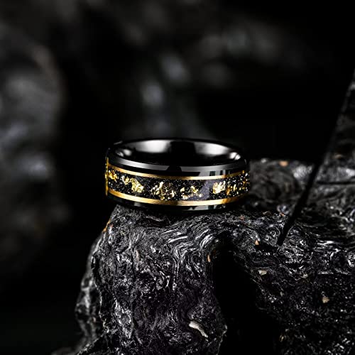 King Will Mens Wedding Band with Foils Inlay, Black/Silver/Gold Beveled Edge Glowstone Ring, 6mm/8mm Tungsten Carbide Rings Comfort Fit - color: Black&Gold Line-8mm