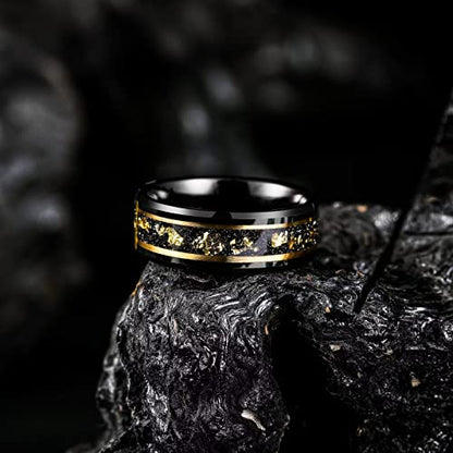 King Will Mens Wedding Band with Foils Inlay, Black/Silver/Gold | Black, 6mm/8mm, Beveled Edge, Comfort Fit, Glowstone Ring, Everyday Wear - color: Black&Gold Line-8mm