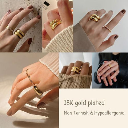 FAXHION 12PCS Gold Stackable Rings Set for Women, 18K Gold Plated Open Stacking Knuckle Ring, Adjustable Chunky Signet Band Statement Ring for Gift - color: 3-ringsGold