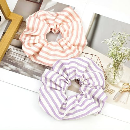 2pcs Striped Hair Scrunchies for Women Large Hair Ties, Big Fabric Ponytail Holders Elastic Hair Bands Woman Girls Hair Accessories, Pink/Lilac - color: Striped Pink/Lilac