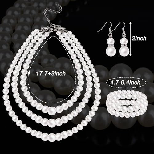 Jmkcoz 1920s Pearl Necklace Bracelet and Earrings Costume Jewelry Set for Women 80s Wedding Tea Party Gift