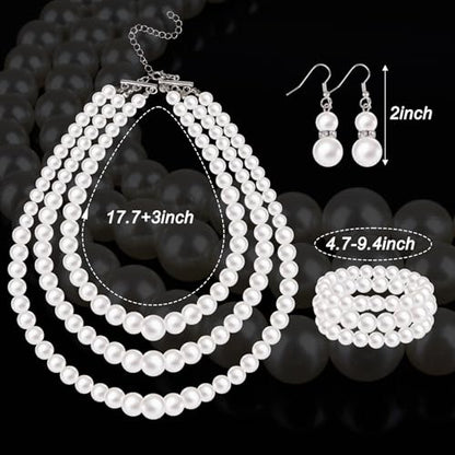 Jmkcoz 1920s Pearl Necklace Bracelet and Earrings Costume Jewelry Set for Women 80s Wedding Tea Party Gift