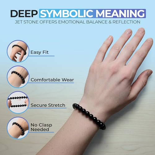 Jet Stone Stretch Bracelet for Men and Women, Natural Jet Beads, 6mm or 8mm, Lightweight Crystal