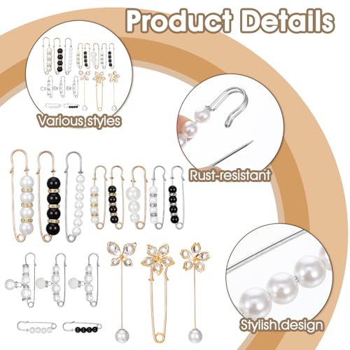 24/16 Pcs Pearl Brooch Pins Set, Decorative Safety Pin | Pant Waist Tightener Pins for Clothes Sweater Shawl Hat Clips White Collar Clips for Cardigan Dress Sweater - style: Rhinestone Style