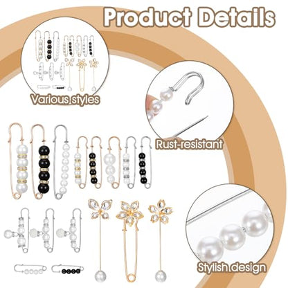 24/16 Pcs Pearl Brooch Pins Set, Decorative Safety Pin | Pant Waist Tightener Pins for Clothes Sweater Shawl Hat Clips White Collar Clips for Cardigan Dress Sweater - style: Rhinestone Style