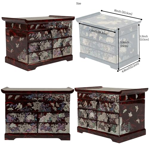 February Mountain Handcrafted Mother of Pearl Jewelry Box – Korean Traditional Design | Unique Keepsake Organizer for Women, Mom, Grandma | Gift for Christmas, Birthday, Anniversary - style: Crane and Pine Tree - Red