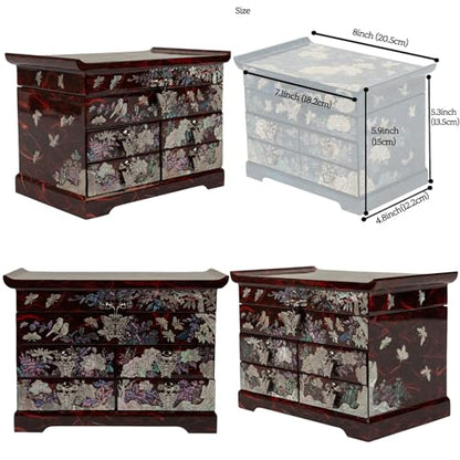 February Mountain Handcrafted Mother of Pearl Jewelry Box – Korean Traditional Design | Unique Keepsake Organizer for Women, Mom, Grandma | Gift for Christmas, Birthday, Anniversary - style: Crane and Pine Tree - Red