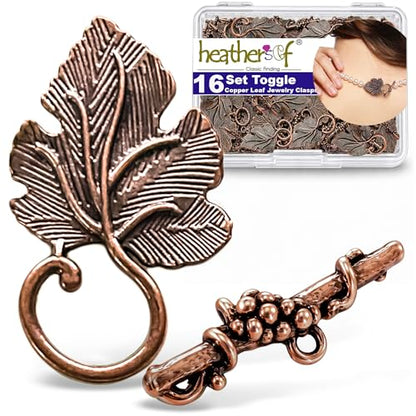 Heather's CF Toggle Jewelry Clasps – Durable Quality, Antique Grape Leaves Copper Finish Toggle Clasps & Closures for Necklace, Bracelet & Charms – Ideal for DIY, & Jewelry Making – Large (Set of 16) - color: Large copper toggle clasp
