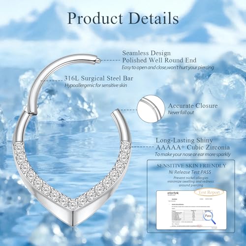 GAGABODY Daith Piercing Jewelry 16g Septum Ring Septum Jewelry Nose Hoop Daith Earring Surgical Steel Cartilage Earrings Hoop Helix Piercing Jewelry - color: 1pc Silver+Water Droplets CZ