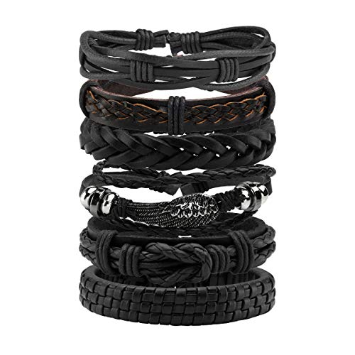 Eigso PU Leather Braided Handmade Cuff Wrap Bracelet Handbands for Men Women Stackable Adjustable - color: Black