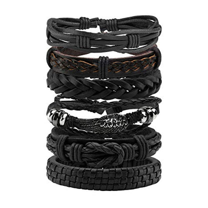 Eigso PU Leather Braided Handmade Cuff Wrap Bracelet Handbands for Men Women Stackable Adjustable - color: Black