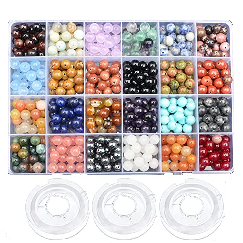 8mm Natural Mixed Materials Gemstones Beads Tiny Spacer Round Loose Beads Jewelry Making KIT with Thread 480 PCS(24 Natural, 8mm) - color: 24 Natural, size: 8mm