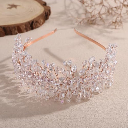 Denifery Large Crystal Headband for Wedding Bridal Hair Band Headpiece for Party Prom Hair Accessories (rose gold) - color: rose gold