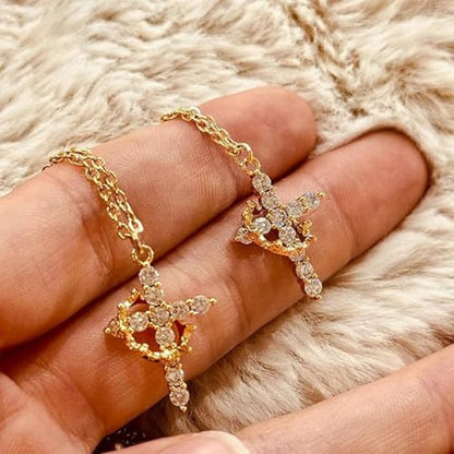 Gold Crown Cross Hoop Earrings and Pendant Necklace Set for Women, 14K Gold Plated Brass, Cubic Zirconia Huggie dangle Earring Jewelry, Trendy Dainty Christian Jewelry Gift