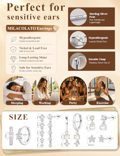 MILACOLATO 5 Pairs 925 Sterling Silver Earrings for Women Trendy Ear Stacks | 14K Gold Plated Stud Huggie Hoop Earrings Set Hypoallergenic CZ Pearl Dangle Earring Prom Bridal Bridesmaids Wedding Jewelry - color: Silver - 2 Pairs of Pearl Earrings + 3 Pair