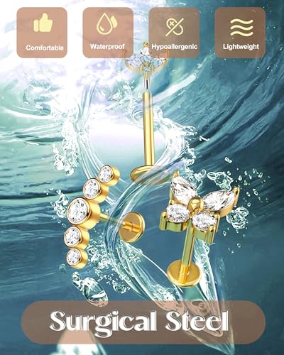 Fansilver 14K Gold Plated Threadless Flat Back Earrings for Women Men 316L Surgical Steel Push in Nose Piercings Lip Rings CZ Nostril Helix Conch Medusa Tragus Piercing Jewelry 16/18/20G - color: Gold Plated, size: 20G:6mm