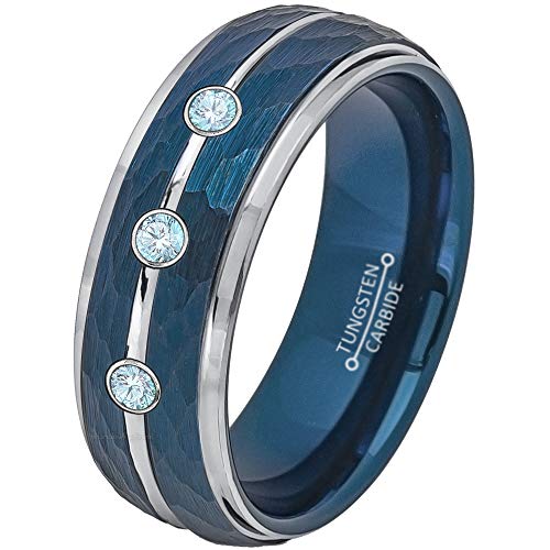 0.21ct Aquamarine 3-Stone Tungsten Ring - March Birthstone - 8MM Two-Tone Blue-Plated Hammered Center Silver Groove Stepped Edge Comfort Fit Unisex Wedding Anniversary Band