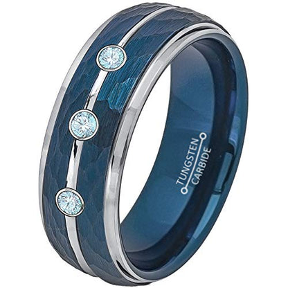 0.21ct Aquamarine 3-Stone Tungsten Ring - March Birthstone - 8MM Two-Tone Blue-Plated Hammered Center Silver Groove Stepped Edge Comfort Fit Unisex Wedding Anniversary Band
