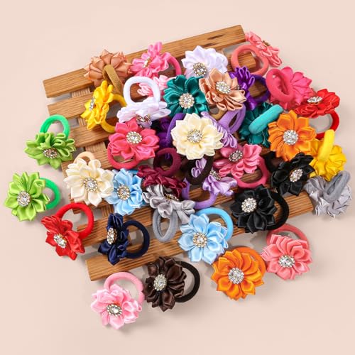 40pcs Baby Girls Flower Mini Hair Ties Rhinestone Satin Hair Elastic | Multicolor Candy Baby Scrunchies Soft Ponytail Holders Rubber Bands Hair Accessories,Great for Daily & Party Hairstyle