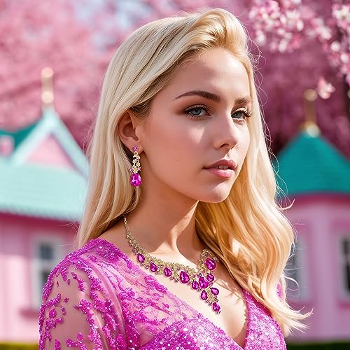 Wedding Bridal Necklace Earrings Jewelry Set for Women | Gorgeous Austrian Crystal Teardrop Flower Cluster for Bridal Bride Bridesmaid - color: 2Pcs-Hot Pink Gold-Tone
