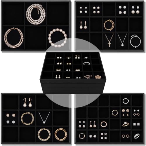 Unittype Set of 4 Stackable Jewelry Organizer Tray for Drawer Inserts Velvet Necklace Earring Bracelet Ring Holder Jewelry Display Storage Box for Bangle Stud Necklace Ring(6/12/15/24 Grid,Black) - color: Black, style: 6/12/15/24 Grid