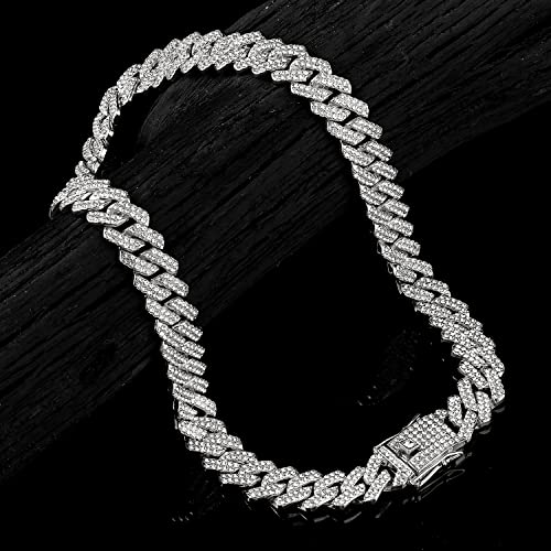 JUNVirtuous 2 Pieces Cuban Link Chain Mens Iced Out Miami Cuban Necklace and Bracelet Silver Bling Diamond Hip Hop Jewelry for Men and Women… - color: Silver, style: 8" Bracelet and 24" Necklace