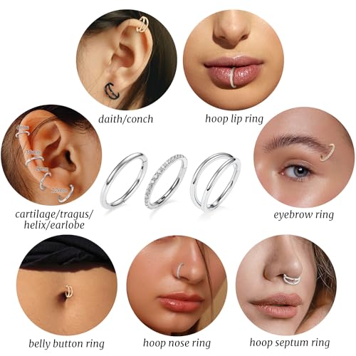 GAGABODY 2 Pcs Nose Rings 22G 20G 18G 16G 14G 12G 10G 8G Surgical Steel Piercing Rings for Nose Septum Cartilage Helix Tragus Conch Rook Daith Lobe from 5mm to 16mm Seamless Hoop Unisex Hinged Earrings - color: Silver-Single&Double&CZ Hoop