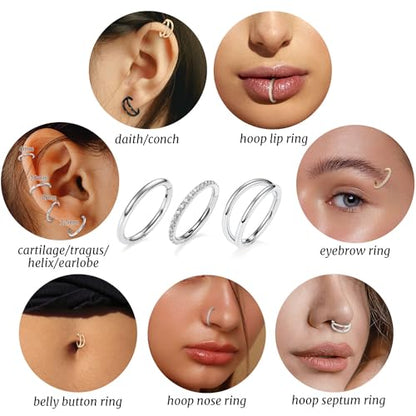 GAGABODY 2 Pcs Nose Rings 22G 20G 18G 16G 14G 12G 10G 8G Surgical Steel Piercing Rings for Nose Septum Cartilage Helix Tragus Conch Rook Daith Lobe from 5mm to 16mm Seamless Hoop Unisex Hinged Earrings - color: Silver-Single&Double&CZ Hoop