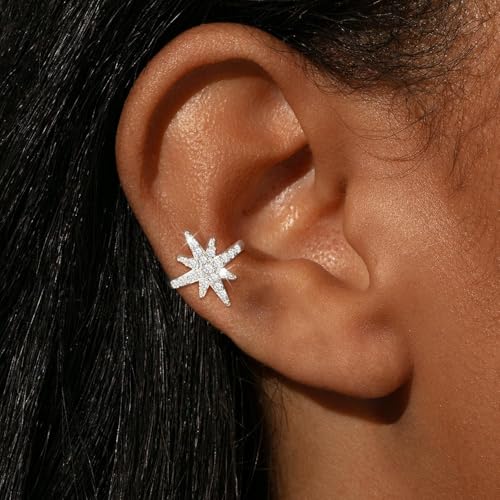 Star 14K Gold Plated Ear Cuff Earrings for Women Non Piercing, Dainty Silver Plated Clip on Cartilage Ear Cuff Non Pierced Trendy CZ Northstar Starburst Sparkling Climber Clawer Earring Jewelry - style: Starburst-Silver