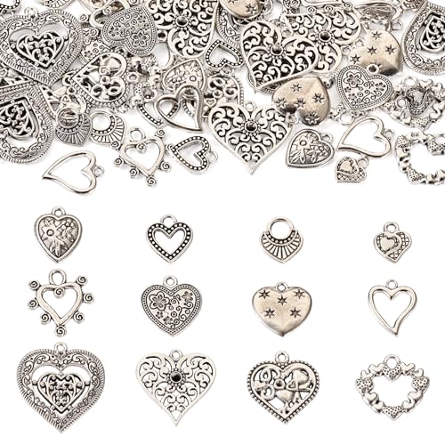 Elecrelive Crystal Heart Charms Rhinestone Heart Pendants Valentine Charms for Necklace Bracelet Earring Wedding Jewelry - color: Antique Silver, 48pcs