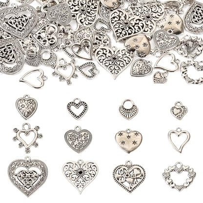 Elecrelive Crystal Heart Charms Rhinestone Heart Pendants Valentine Charms for Necklace Bracelet Earring Wedding Jewelry - color: Antique Silver, 48pcs