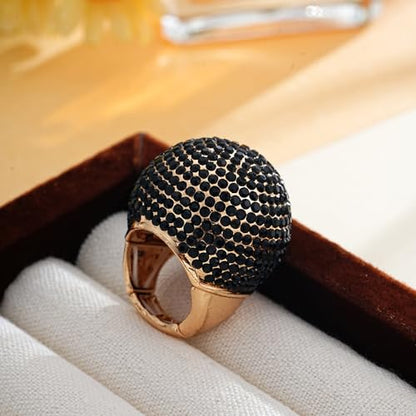 Gold Snowball Rhinestone Cocktail Ring – Adjustable Stretch Sparkling Party Jewelry for Women, Elegant Costume Ring for Evening Wear, Wedding, Prom - color: black