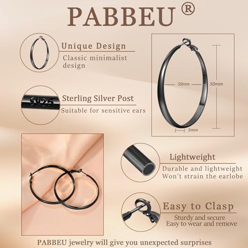 925 Sterling Silver Hoop Earrings Hypoallergenic Large Thin Hoops Earring | Lightweight Big Silver Hoops Hypoallergenic Large Hoop Earring for Women Sensitive Ears Oversize Hoops 30/40/50/60/70mm - color: 50mm Black