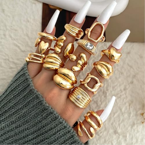 Chunky Rings for Women Non Tarnish 14k Stackable Dome Statement Rings Sets Vintage Dainty Knuckle Open Midi Finger Rings Jewelry Pack Gifts - style: Gold 16PCS