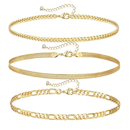 YANODA 3Pcs Gold Ankle Bracelets for Women Dainty 14k Gold Plated Layering Anklets Set Adjustable Fashion Link Chain Ankle Bracelet Adjustable Beach Foot Jewelry Gifts for Women - color: Snake+Cuban(M)+Figaro