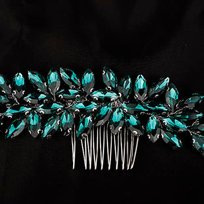 Teyglen Women's Dainty Simple Rhinestone Hair Comb - Luxurious Shiny Bridal Side Hair Accessory for Weddings (Silver-Green) - color: Silver-Green