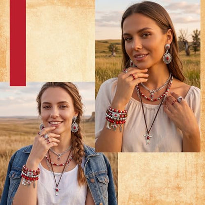 Ecally Bohemian Western Jewelry Turquoise Set Women Country Pendant Long Choker Layered Bracelets Earrings Ring for Women - color: Red, style: Layered