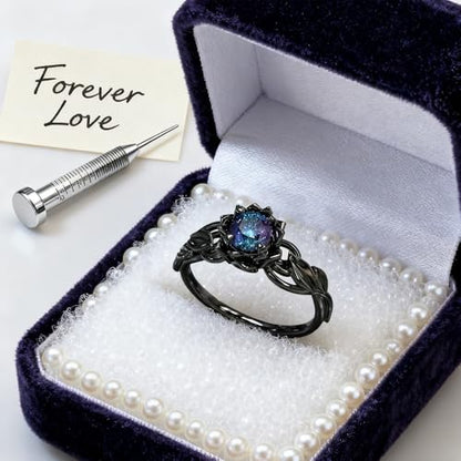 Cubic Zirconia Rings For Women, Gothic Ring Black Flower Crystal Stackable Trendy Floral Eternity Travel Engagement Statement Wedding Birthday Jewelry Gift - color: Goth Black Colorful