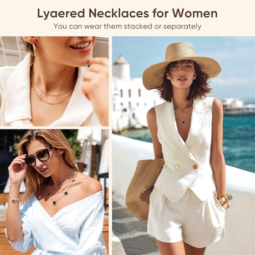 MPRAINBOW Gold Layered Necklace for Women - 3Pcs 18K Gold Plated Floral Necklaces, Stainless Steel Stackable Cuban Link Chain Non Tarnish Trendy Jewelry, Herringbone Chains Christmas Birthday Gifts - color: Black 01