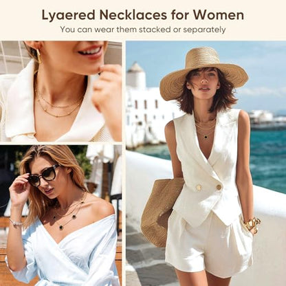 MPRAINBOW Gold Layered Necklace for Women - 3Pcs 18K Gold Plated Floral Necklaces, Stainless Steel Stackable Cuban Link Chain Non Tarnish Trendy Jewelry, Herringbone Chains Christmas Birthday Gifts - color: Black 01