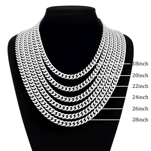 Fiusem Silver Tone/Black/14K Gold Plated Chain Necklace for Men, 5mm/6mm/7.5mm/8mm/9mm Stainless Steel Cuban Link Chain Necklace, Men's Chains 18-28 Inch Jewelry Gifts - size: 24", style: 9mm silver