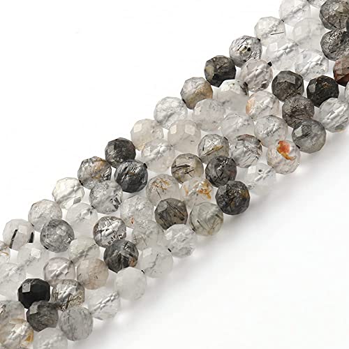 90pcs 4mm Natural Black Rutilated Quartz Gemstone Beads Faceted Round Loose Stone Beads for Jewelry Making - color: Black Rutilated Quartz, size: 3.7-4.2mm