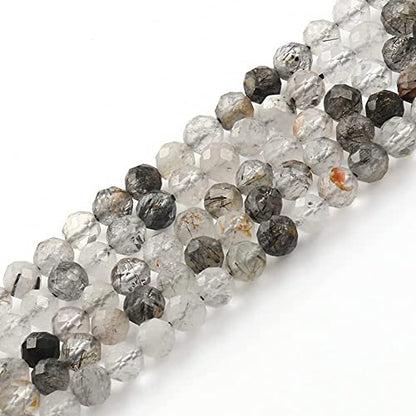 90pcs 4mm Natural Black Rutilated Quartz Gemstone Beads Faceted Round Loose Stone Beads for Jewelry Making - color: Black Rutilated Quartz, size: 3.7-4.2mm