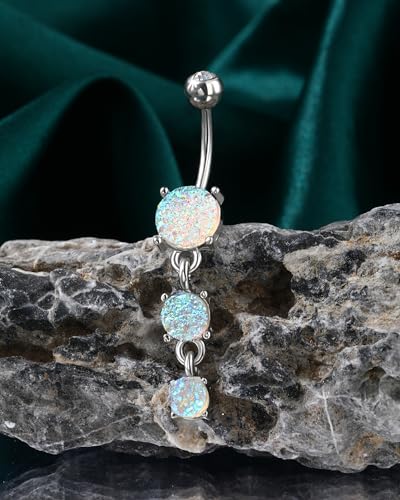 Cute Dangly Opal Belly Button Rings 14g 316L Stainless Steel Dangle Navel Rings for Women Belly Button Piercing Dangling Navel Bar - color: Silver-Mermaid Opal