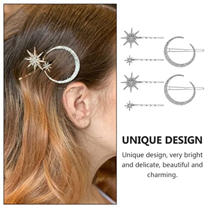 Beaupretty 2pcs Moon Star Hair Clips Vintage Metal Alloy Rhinestone Bobby Pins Hair Accessories for Women Silver
