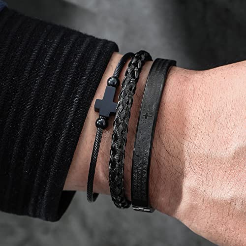 WFYOU 3PCS Stainless Steel Imperial Crown Bracelets for Men Gold Roman Numeral Bangle Bracelet Adjustable Cuff Bracelet Mens Luxury Jewelry Gifts - style: 05:Black-Cross
