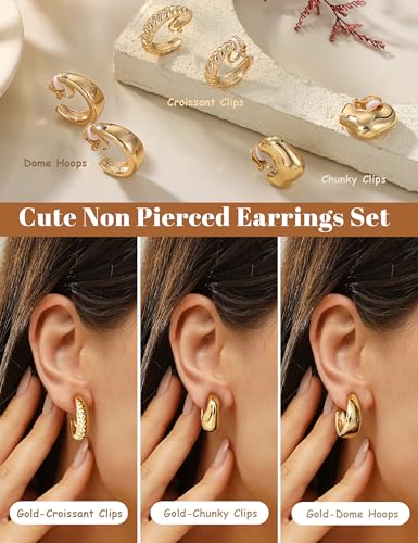 BESTEEL 3Pairs Clip on Earrings for Women Trendy Chunky Hoops Fake Earrings | Hypoallergenic 14K Gold Plated Lightweight Tube Croissant Waterdrop Clip-on Earrings Set Non Pierced Earrings Jewelry Gift - color: Gold-Trendy